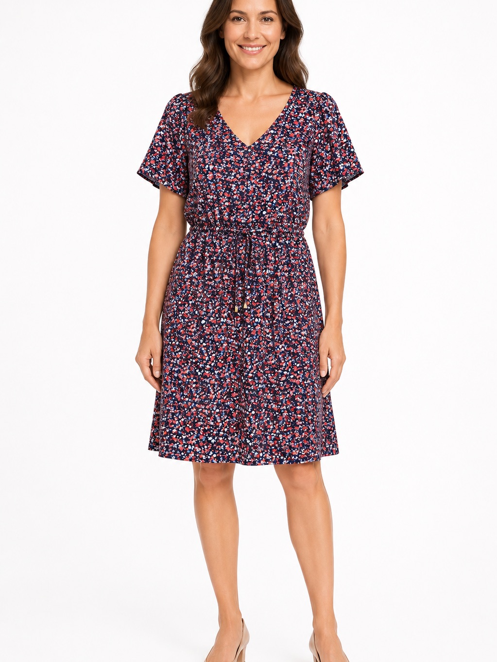 Michael Kors Navy Floral V-Neck Tie-Waist Midi Dress